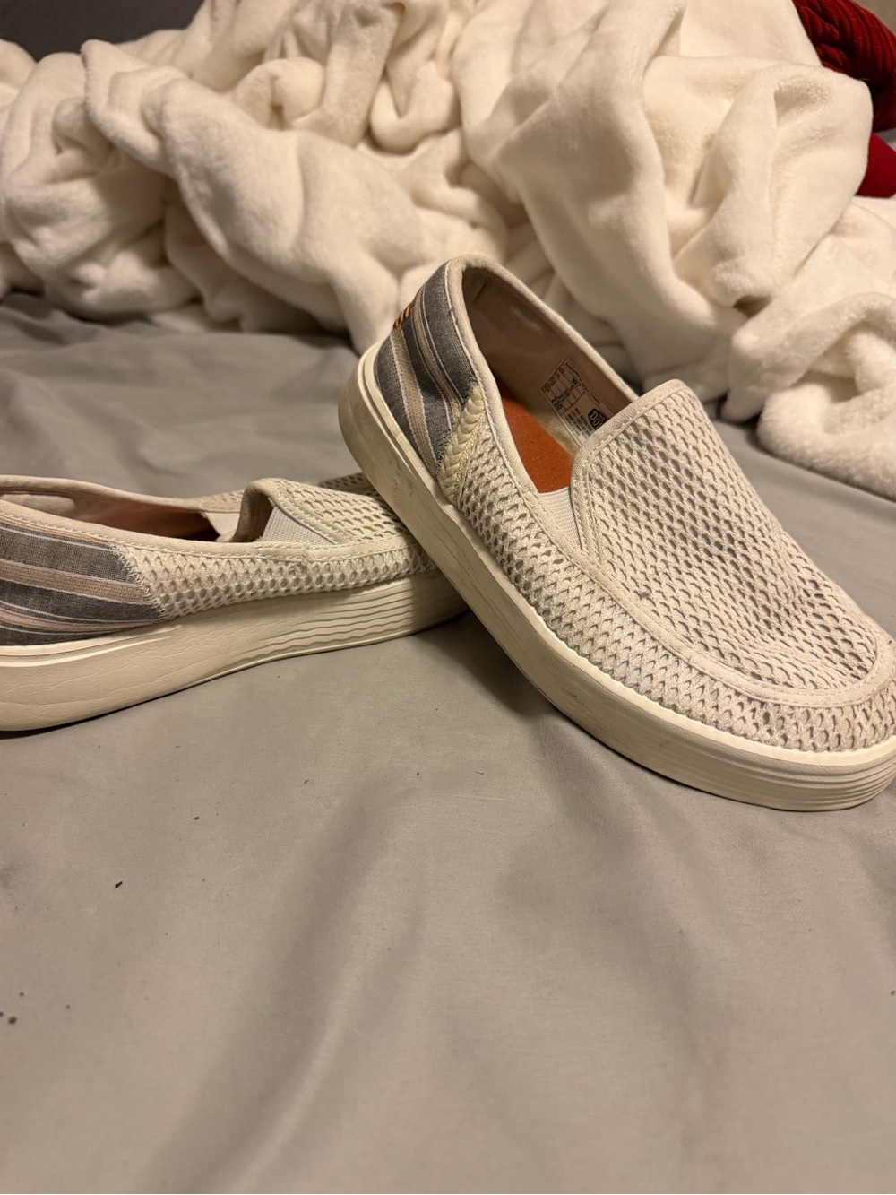 Hey Dude Women’s Cream Knit Slip-On Loafers with Subtle Gray Stripes